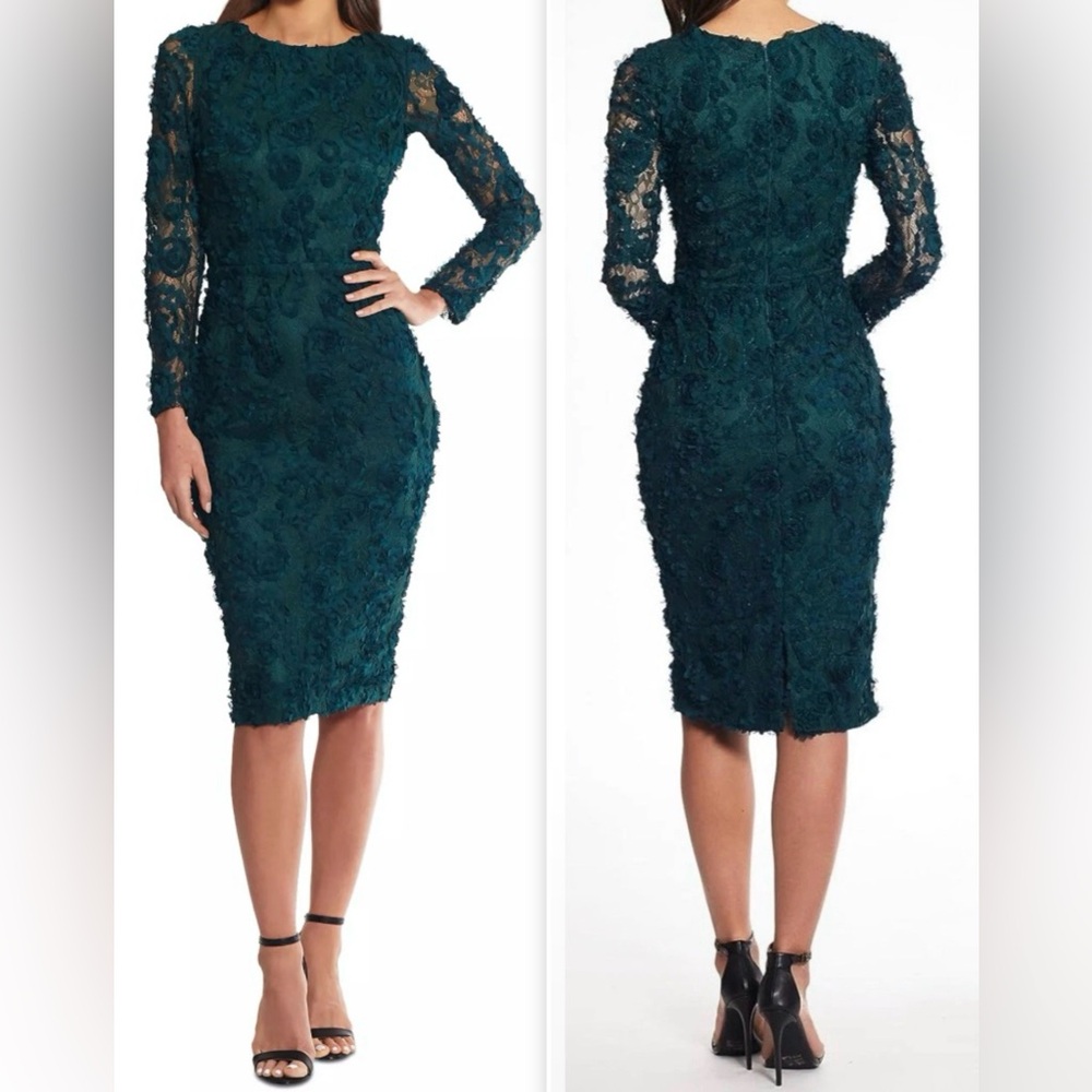 XSCAPE Soutache Lace Long-Sleeve Sheath Midi Dress NWT Sz 4 Hunter Green